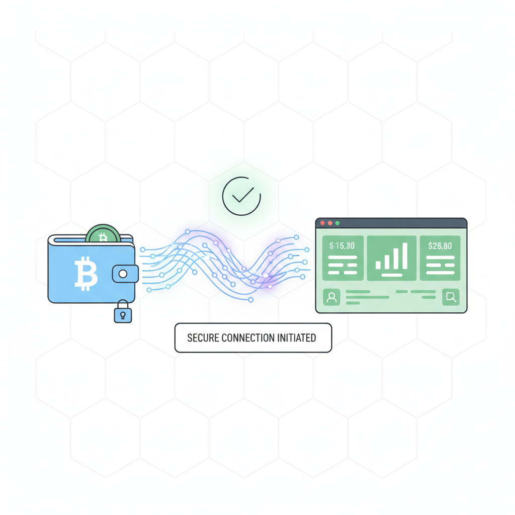 Blockchain wallet connecting to payroll dashboard, secure link visualization, ethereal glow