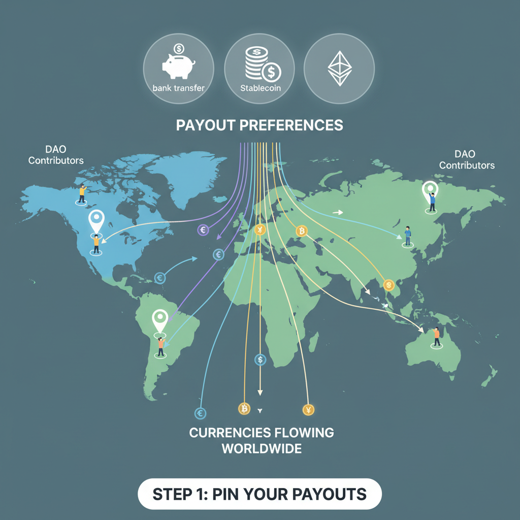 Global map with DAO contributors pinning payout preferences, currencies flowing worldwide