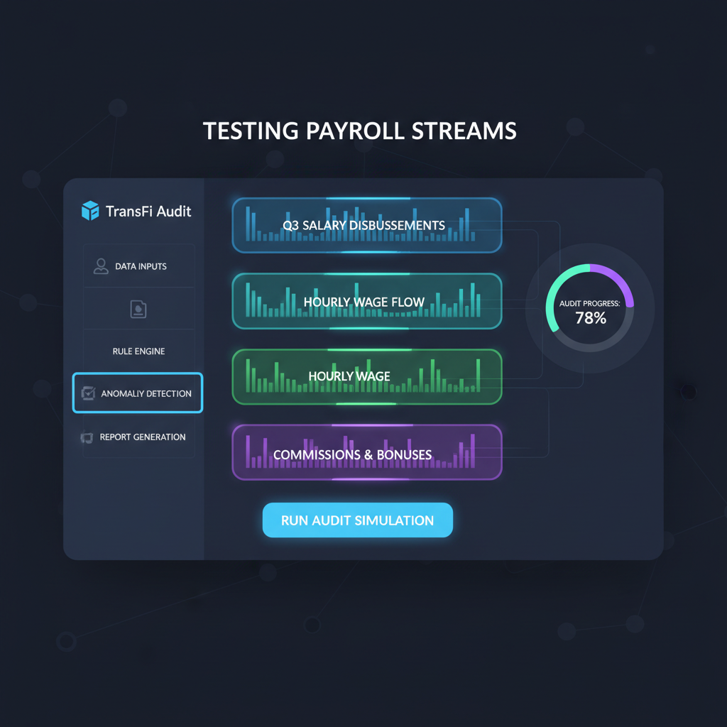 TransFi audit dashboard testing payroll streams, data charts glowing