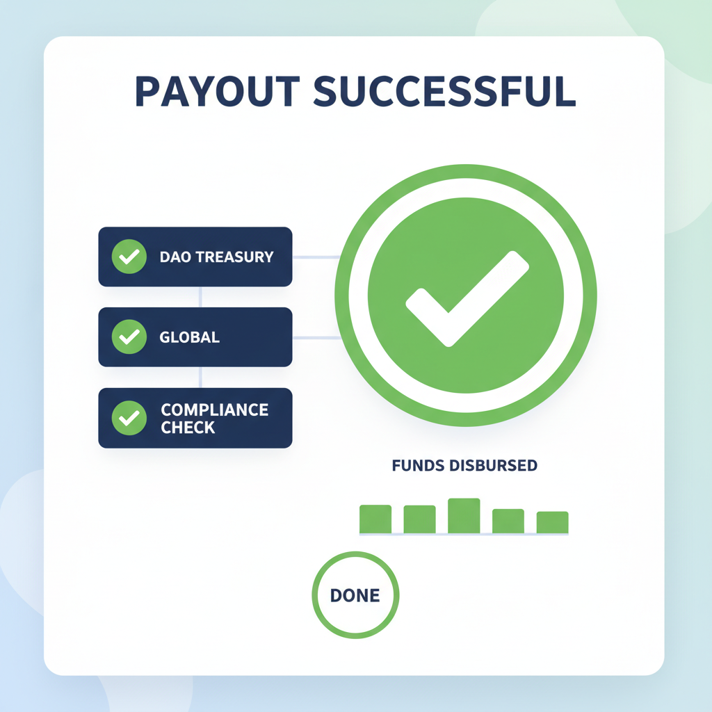 test payout success screen compliance check green ticks DAO treasury global