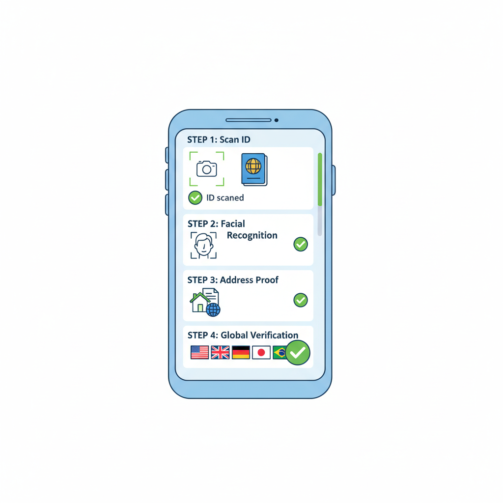 clean graphic of KYC verification process on mobile app with ID scan, checkmarks, and global flags