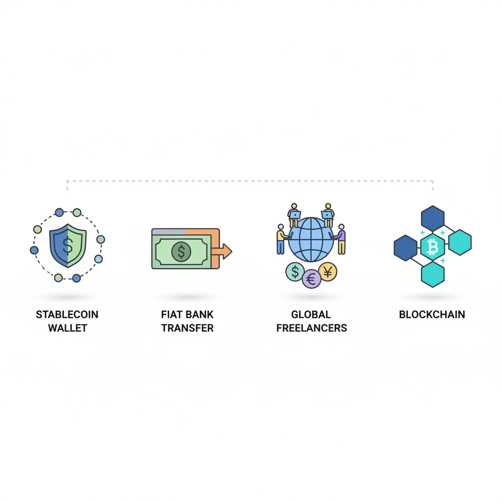 payment rails icons stablecoin wallet fiat bank transfer global freelancers blockchain
