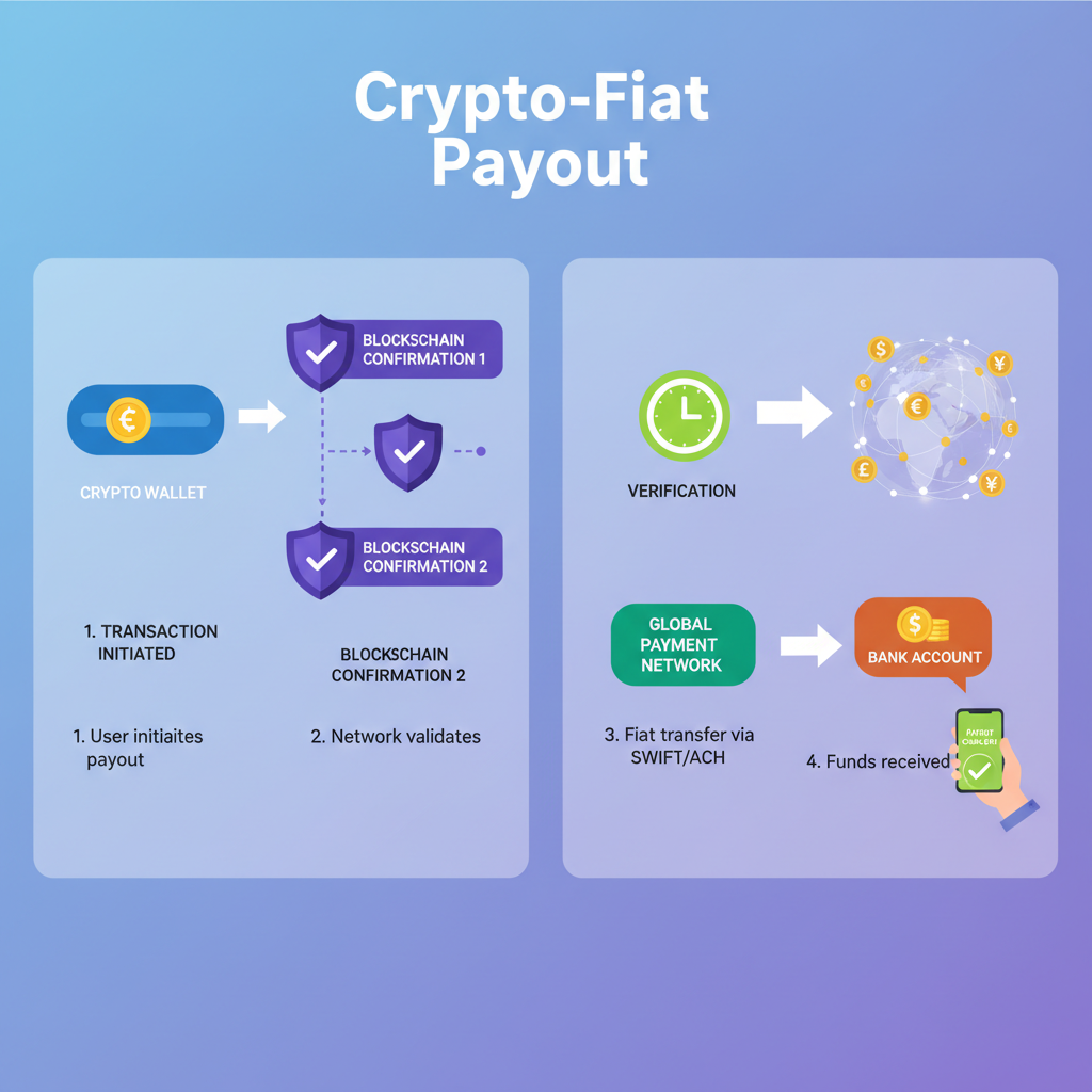 Executing crypto-fiat payout, transaction confirmations, global payment network
